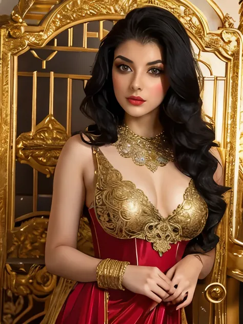 arafed woman in a red dress standing in front of a gold wall, red and gold ornate dress, wearing a steampunk sari, orientalisme, haute couture fashion shoot, ornate dark red opulent clothing, gorgeous woman, dressed in silk, by Galen Dara, red and gold sum...