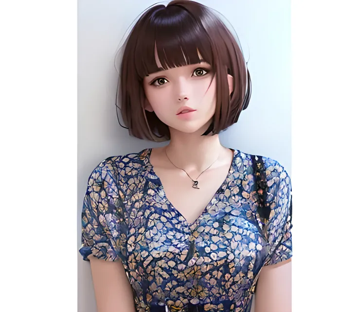 arafed woman with a Short brown hair and a blue dress, with shortヘア, with shortヘア with bangs, short～Medium Hair, Neat hairstyle with bangs, Short brown hair with bangs, Bobcut, medium shortヘア, Short brown hair, Shirahime cut hairstyle, shortヘア, Cute Hairst...