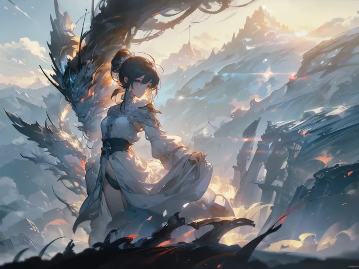 ((masterpiece, best quality)), Epic battlefield atmosphere，Clouds, mountains, and trees，Delicate face，front，Elf，Halo，whole body，Standing picture，Perfect body proportions，Double ponytail hairstyle，beautiful eyes，Fantasy style，White background，transparent，Se...