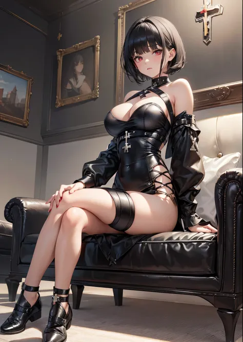 masterpiece, 8K, best quality, highly detailed, 1girl, black hair, blunt bangs, short curl hair, red eyes, black bondage, arms behind back, sit on the Leather sofa, (cross-legged:1.5), looking down, from below, (full body:1.2), SM room, beautiful hands, be...