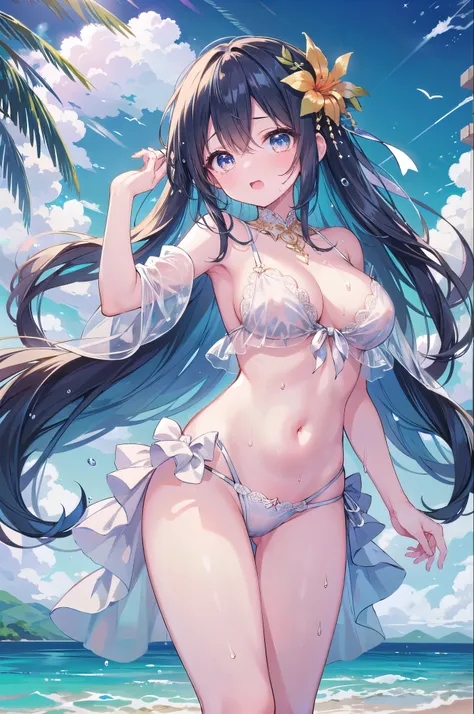 (Highest quality)、((Super detailed))、(Ultra delicate)、Two cute girls、Dazzling bright sky blue hair、Shining Gold and Silver Eyes、Sexy and sheer pure white silk lace bikini、Beautiful breasts、Beautiful thighs、Tropical Beach、Top-down composition、Embarrassed、Lo...