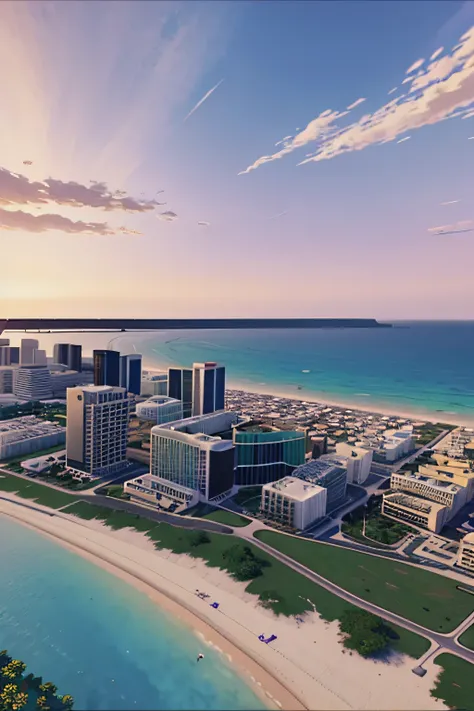 Paysage de destination touristique pixel art de GTA Vice City. soirée. Fond d&#39;écran pixel art 3D 4K. Détails incroyables en pixel art. Pixel art. Vagues de vapeur. Pixel art détaillé d&#39;Unreal Engine