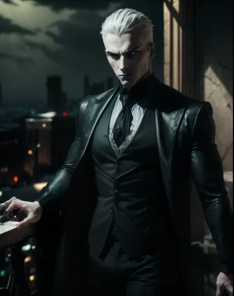 (masterpiece, best quality, ultra-detailed), a pale male vampire standing on a terrace overlooking a dark cityscape, reminiscent...