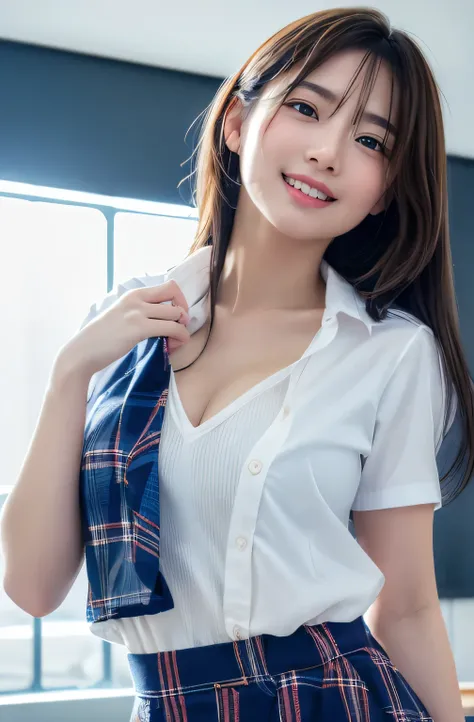 ((school uniform)),・(school uniform and ((Plaid Navy Skirt)) and white shirts:1.1), Skin color, big , smile, (8k, RAW Photos, Highest quality, masterpiece:1.2), masterpiece, super detailed, super high quality, (Realistic and Realistic photography:1. 37), H...