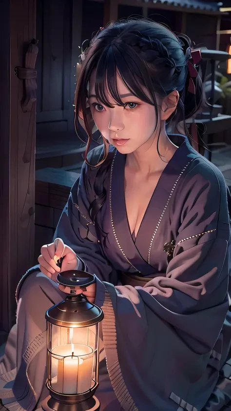 Sitting on the sidewalk、Woman with a candle in front of her, In a Japanese town at night, very sad, Very ugly, Beasts, An evil spirit wanders around with a lantern, sorrow, Girl under the lantern, sad feeling, shinsui ito, sad,Small breasts,A fragile girl,...