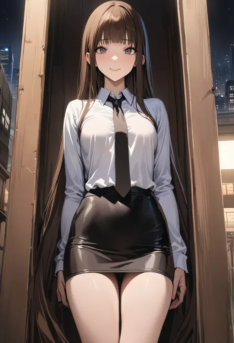 ((masterpiece,best quality anime,Highest quality:1.3)),realistic,cowboy shot,portrait,1 bueatiful woman,独奏, Secret Agent,((very small head:1.4)),((very long body:1.4)),straight long hair,dark brown hair,bangs,gorgeous cute eyes,gray eyes,smile,((slender bo...