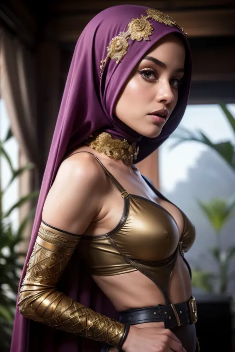 Long Hijab, fantasy cosplay, teen beautiful model, cute,  thin body, skin tight, exotic bra , underwear , perfect body, narrow waist, belt around her waist, outside, soft lighting, leg stockings dynamic pose, ((close up on body)), (round butt) (big breasts...