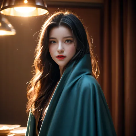 photorealistic, masterpiece, photorealistic, high resolution, soft light, hips up, blue eyes, amber hair, long hair, Intricate details EABA, apricot cloaks, short hand-fan, Royal Poet, Hanfu, dandy, floating cloak in wind, a warm room full of light on birt...