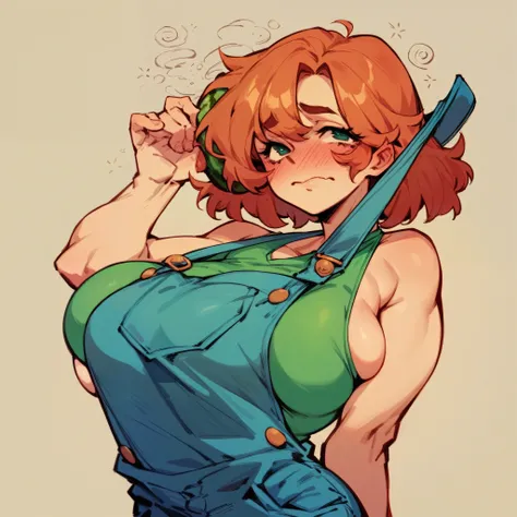 One woman , ((her breasts have turned into actual melons)) grasping hungrily at her own flesh, overalls, ((shy and drunk))  green breasts, watermelon sized breasts