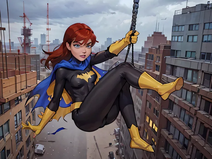 source_western, 1girl, Barbara, red hair, blue eyes, bodysuit, cape, gloves, boots, anxious, holding onto a rope, swinging off of a construction site, 50 feet high, windy, downtown in a large city, cloudy, noon, extreme detail, hdr, beautiful quality, dyna...