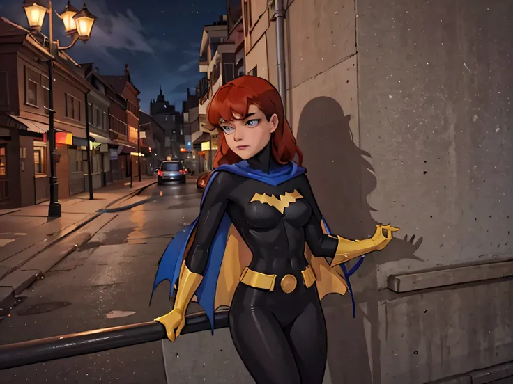 source_western, 1girl, Barbara, red hair, blue eyes, bodysuit, blue cape, gloves, anxious, outside, on an apartment ledge, hugging the wall, extreme detail, hdr, beautiful quality, dynamic pose