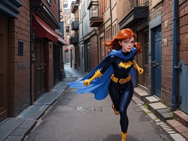 1girl, Barbara, red hair, blue eyes, bodysuit, blue cape, gloves, belt, yellow boots, anxious, outside, quickly running through a narrow alleyway, large cityscape, daytime, extreme detail, hdr, beautiful quality, dynamic pose