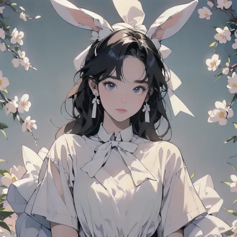 (((masterpiece, Highest quality)))、(((32K Wallpapers)))、Upper Body、Model pose、mysterious、(((Small breasts)))、Short sleeve、(((Rabbit Ears)))、Detailed Hair, fluffy fabric、(((Big white ribbon)))、(((たくさんの花)))、トライガン