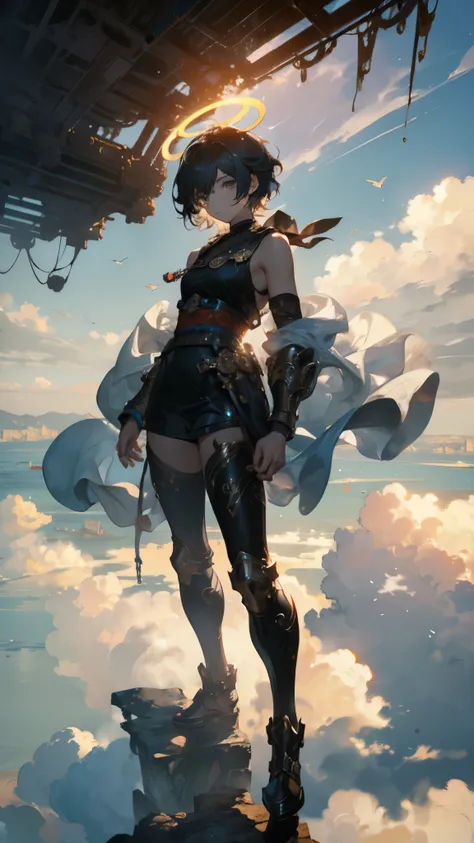 ((masterpiece, best quality)), Epic battlefield atmosphere，girl，Clouds, mountains, and sea of fog，Journey to the West，Sun Wukong，Delicate face，front，monkey，Halo，whole body，Standing picture，Perfect body proportions，Handsome short hair，beautiful eyes，Fantasy...