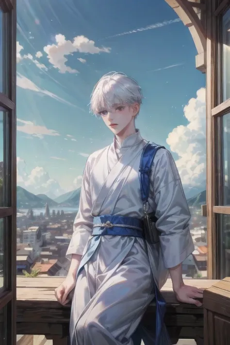 A small, fragile male monk with silver hair and bright blue eyes like the sky and clouds. The image is much clearer.