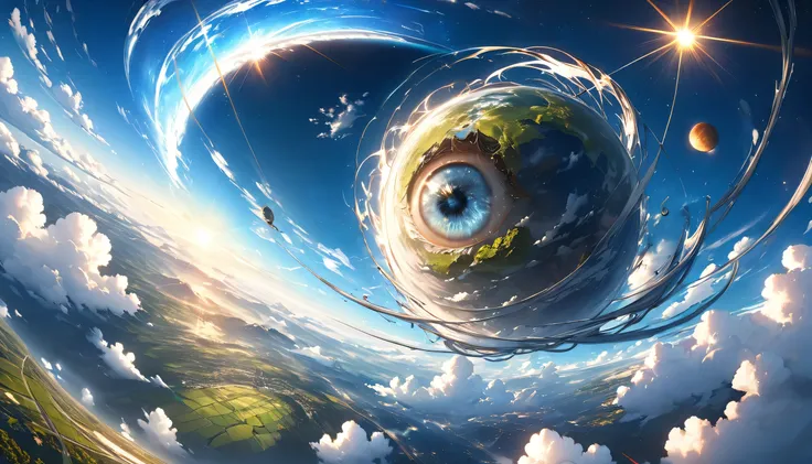 Very detailed CG Unity 8k 壁紙、Cinematic lighting、Lens flare、Beautiful detailed eyes、landscape、ultra HD、cloud、8K quality、Ultra Sharp、Real Light、surreal、Ridiculous world lines, High resolution, (masterpiece:1.4), Very detailed, One boy, View from above, space...