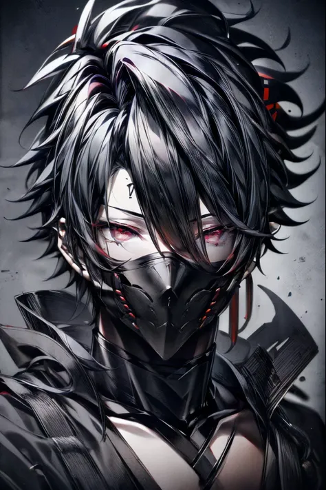 (masterpiece, best quality, perfect face, expressive eyes), 1boy, (male), shinobi, black mask, black yukata, red eyes, detailed,...