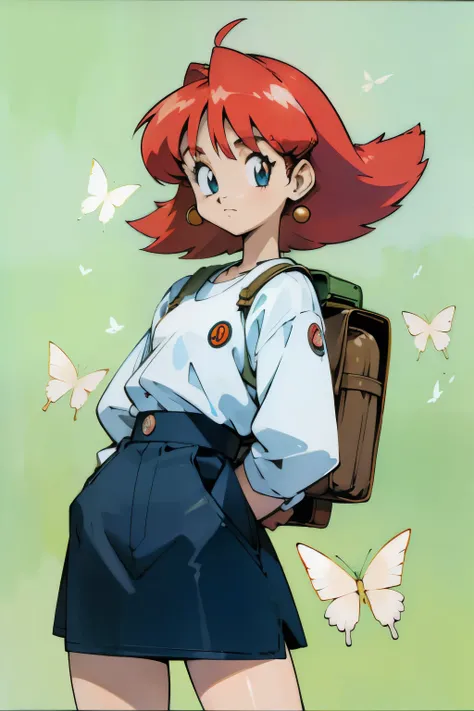 by Ken Sugimori, sugimori 1990s, ((only 1woman)), butterflies in background, jewelry, backpack, background of a park, ((hands behind their back)), full black pupils, manga, best quality, highly detailed, clean lines, cowboy shot, good hands, good eyes, hd,...