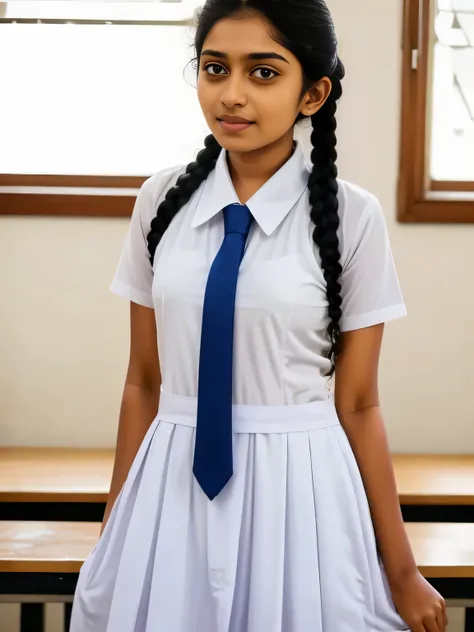 Srilankan school girl , wearing white clothes and white frock and tie ,in the classroom, frock with pockets , wearing white vest camisole as a undergarment , see through 