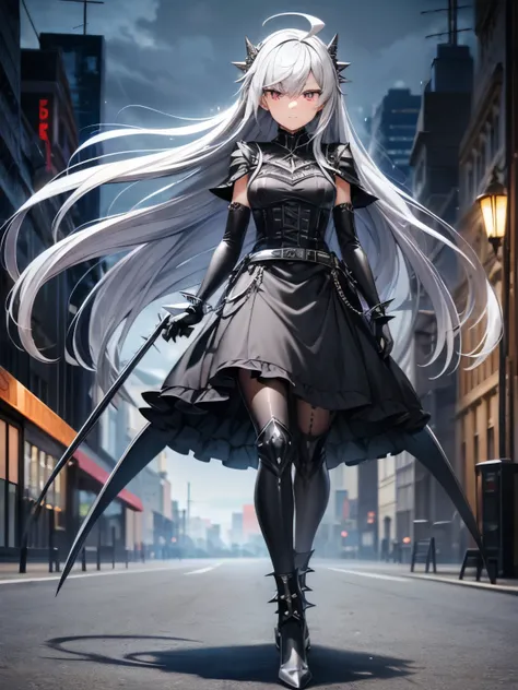 ((best quality)), ((masterpiece)), (detailed), 1 girl, Full body, 1, Depressed face, Silver eyes, Arms behind waist, Eyes covered, Blushing, Silver hair, long hair, ahoge, Bangs, strand of hair covering her right eye, Full body, very tall, very Small breas...