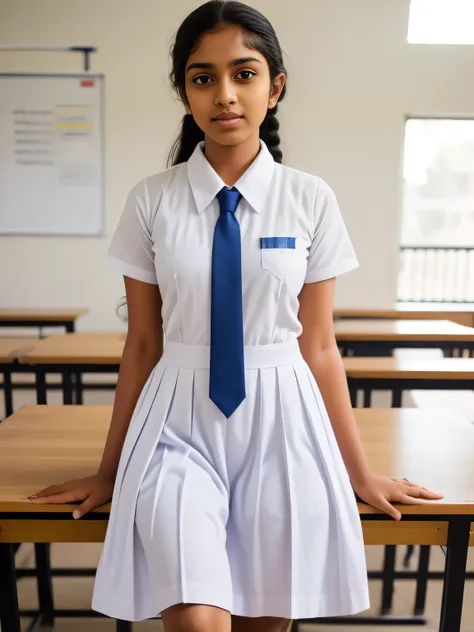 srilankan school girl , wearing white clothes and white frock and tie ,in the classroom, frock with pockets