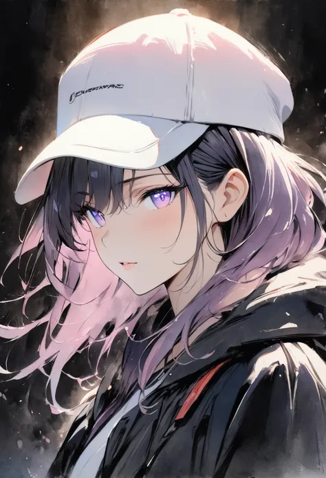 (masterpiece, best quality:1.4), 1 girl, 独奏, watercolor(medium), Anime style, Purple pupils, Blurred eyes, Victory sign, Wears a white cap, Different color emission, Highlights, Natural light, Works by top portrait painters, Upper Body, black background.