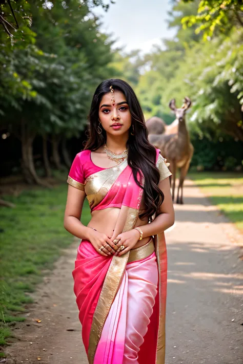 ((best quality)), ((masterpiece)), (detailed), Beautiful indian woman, thin saree,A young Indian woman with long dark hair wearing a vibrant pink and gold dress dancing in a colorful fantasy landscape with peacocks, deer, and other animals in the backgroun...