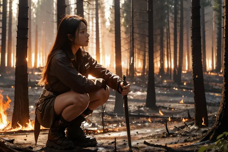 a female swordsman squats on the forest dirt floor，surrounded by burned trees and flames，forest fires，doomsday scenario，movie pl...