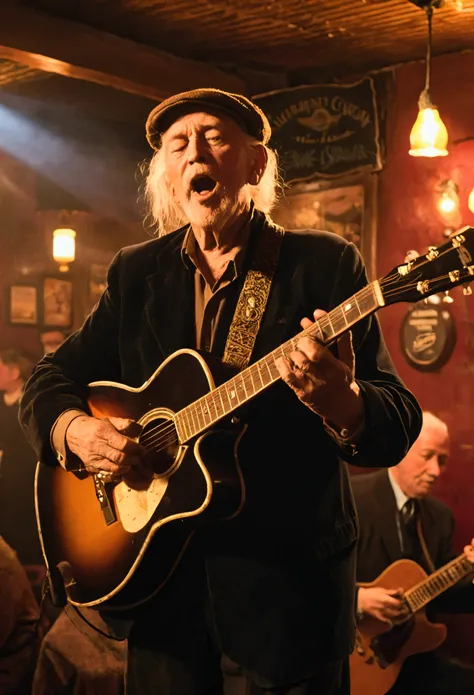 An old blues singer plays the guitar in a small smoky pub, the backing band can be seen in the background