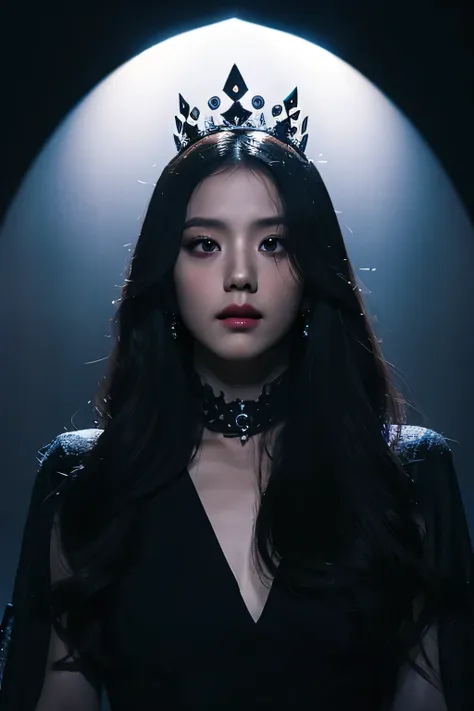 Jisoo, queen of spades, spades crown, spade symbol, 1girl, beautiful detailed eyes, beautiful detailed lips, extremely detailed face and eyes, long eyelashes, elegant, confident, mysterious, dark fantasy, dark gothic, dramatic lighting, dramatic shadows, d...