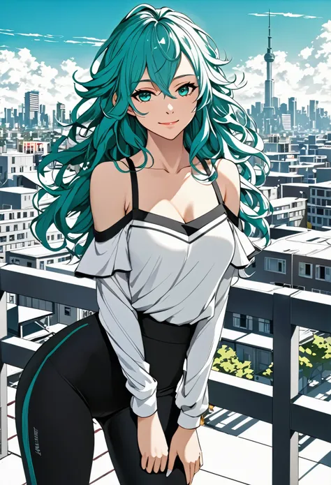 (masterpiece), (high resolution, 8k), (high detailed), women, lean body, (long waist length wavy messy hair, beautiful face, (close mouth:1.2), tired smile, cold shoulder detached sleeve tops with draped style and leggings (teal and black and white colored...