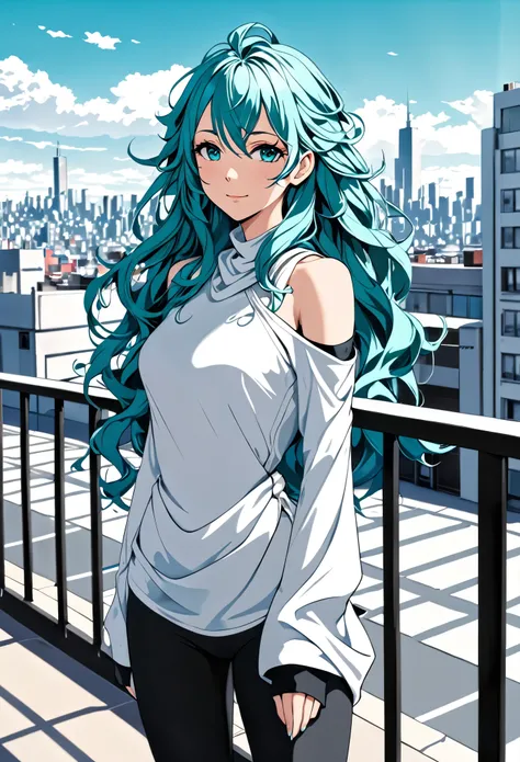 (masterpiece), (high resolution, 8k), (high detailed), women, lean body, (long waist length wavy messy hair, beautiful face, (close mouth:1.2), tired smile, cold shoulder detached sleeve tops with draped style and leggings (teal and black and white colored...