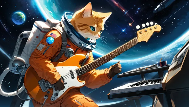 A star space cat in an astronaut suit playing the keyboard