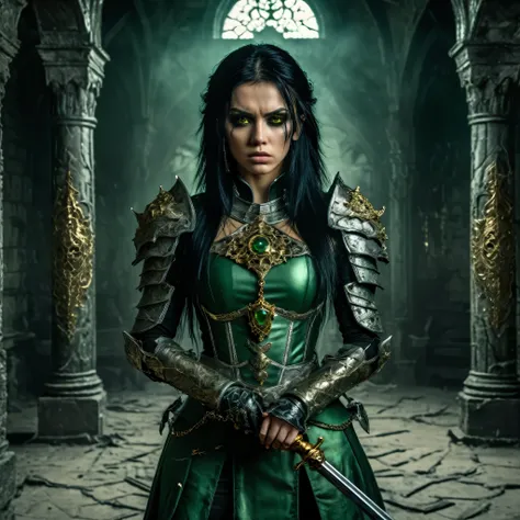 In a sickly old castle room scene. Full body picture of a gorgeous young woman. Accurate Golden eyes. Wearing demon style armor. Holding an intricate sickly staff with green magic, green gem locket. Long black hair with blond highlights, scary tattoos. Eer...