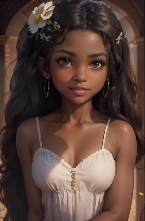 chibi 1 african kids dark brown skin:5, cute smile, sitting down ((whole body))) "various emotions" realistic shadows, glare eyes, skin detailed, slightly bright greenish brown eyes, Pose for Photo, long curly black hair, Flowers in the hair, Rapunzel styl...