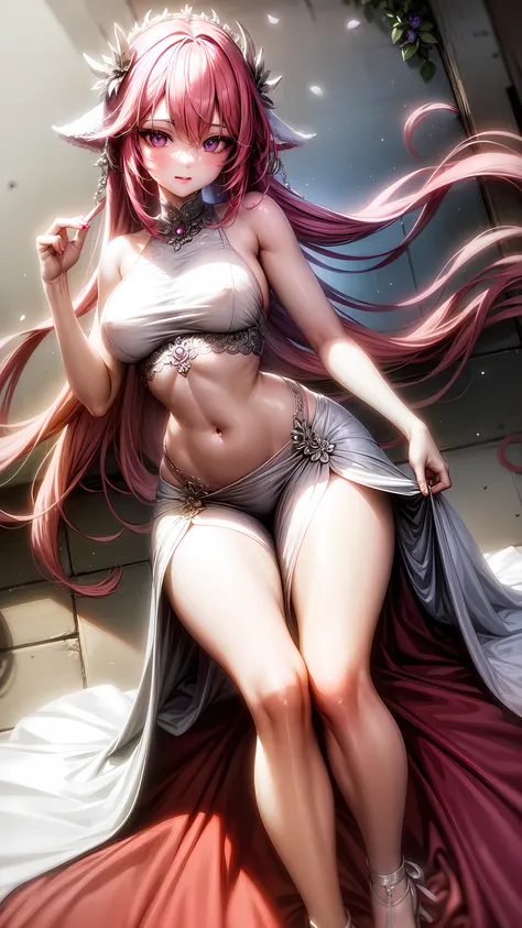 purple eyes,Wedding dress,long skirt,crop top,pink hair