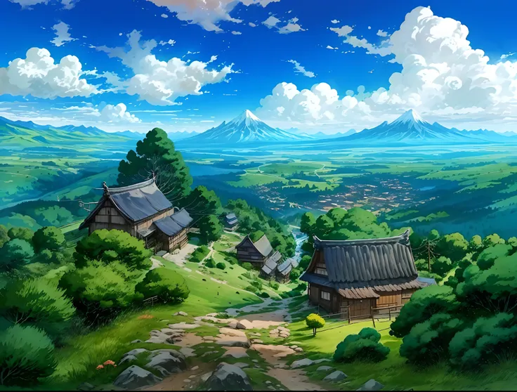 animated landscape of a village with a mountain in the background, anime countryside landscape, beautiful animated landscape, an...