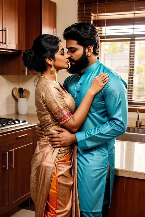 Indian hot hindu curvy aunty wearing saree kissing Muslim man with beard wearing kurta and pyjama in kitchen 