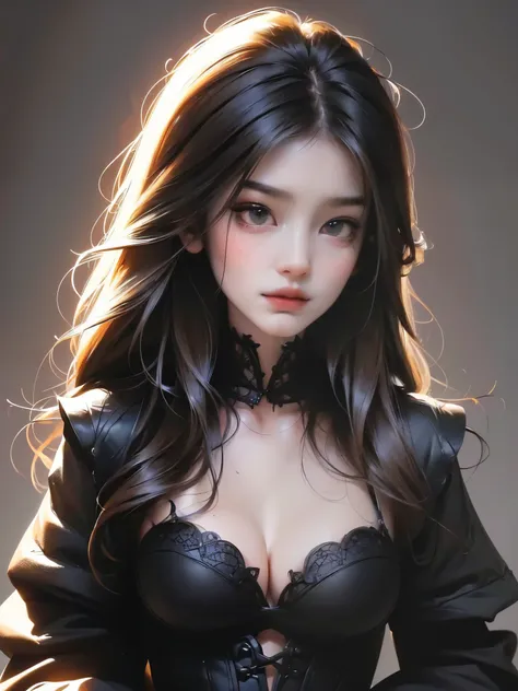 a beautiful detailed anime girl with long black hair, detailed facial features, wearing black armor, demonic appearance, large breasts, blank background, (best quality,4k,8k,highres,masterpiece:1.2),ultra-detailed,(realistic,photorealistic,photo-realistic:...