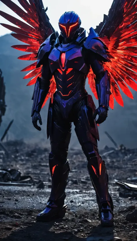 A breathtaking, cinematic science fiction portrait of a fearsome, non-human entity known as the Midnight Sentinel. The Sentinels entire body is encased in sleek, angular obsidian armor, adorned with glowing red symbols that pulse ominously. His face is com...