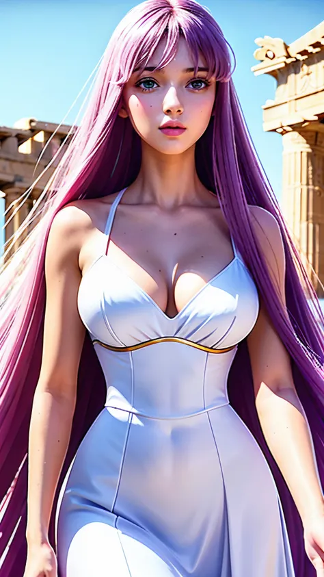 Big breasts, 1girl, realistic 1.5, best quality:1.2, beautiful, high quality, highres:1.1), detailed, extremely detailed 4K, perfect eyes, perfect face, perfect lighting, ((Saori Kido-Athena)) with full breasts, Her hair light violet or purple in the anime...