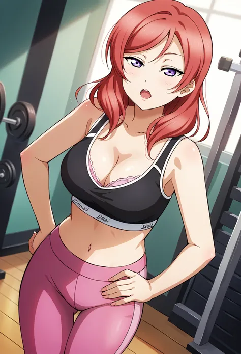 masterpiece, best quality,8k wallpaper , love live art style, nishikino maki love live, purple eyes,red hair,pink leggings, black gym bra , cleavage , sexual seduction, half closed eyes, open mouth , standing ,hand on hip,solo, mature woman ,long hair 