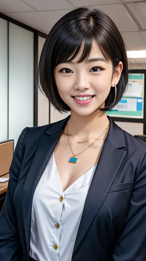 RAW Photos, High resolution, Very detailed, Intricate details, 、ear piercing、、short hair、Black Hair、、Office Lady Suits 、Jacket、shirt、smile、Beautiful teeth alignment、Necklace around the neck、, The background is the office
