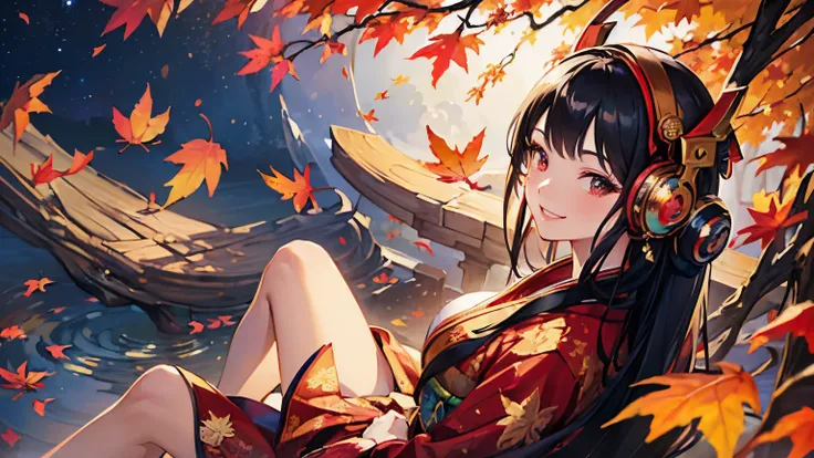 ((masterpiece,highest quality)),(((Super Detailed smile Woman1))),Super detailed face,Super detailed eye,kimono,Sitting,day time,Fantasy,Calm,nebula,8k High resolution,(((autumn leaves))),((vibrant colors)),Wearing red headphones