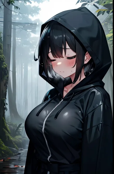 rain,fog,cloudy,forest,shrine,Eyes closed,squat,short hair,boyish,Black Hair,blush,shy,Cowboy Shot,View your viewers,Big Breasts,Sweaty,Wet,Long black raincoat,Wearing a black hood,