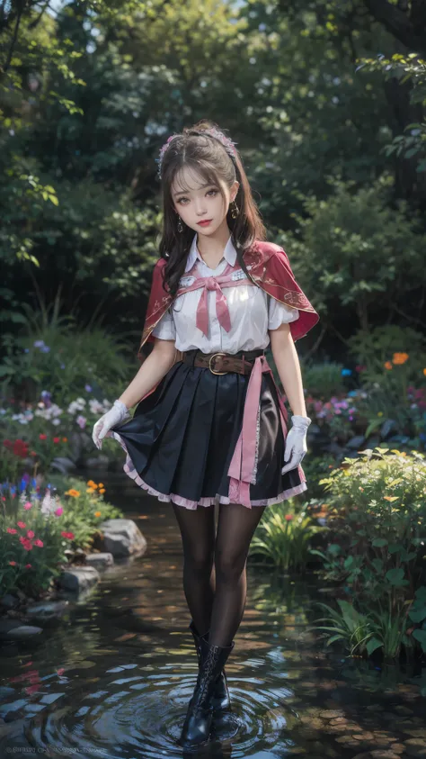 water，wet，masterpiece,best quality,high resolution,Extremely detailed,Elena,have,Long hair,curls,Pink Eyes,earrings,cape,dress,Short sleeve,Gloves,belt,skirt,Black pantyhose,boots,Wind lift,blush,(Make it embarrassing:1.2),outdoor,garden,