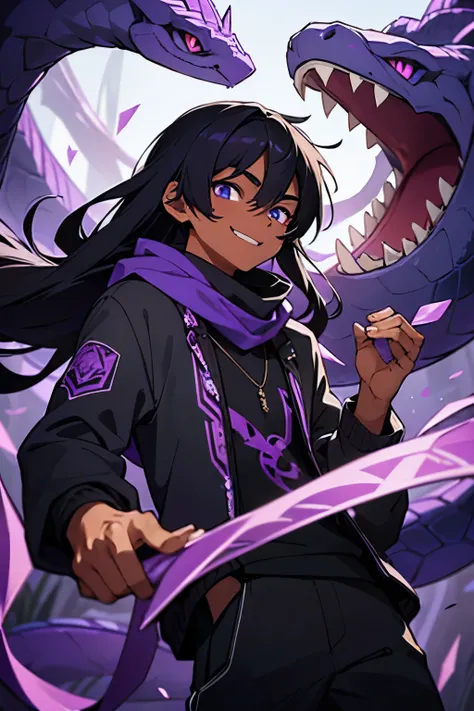 a teenage man, with dark skin, with purple eyes a little dark blue, with black hair with purple highlights, long hair, hair over the shoulders, wearing a black long sleeved shirt, wearing a dark purple scarf, wearing black lightweight sweatpants, smiling w...