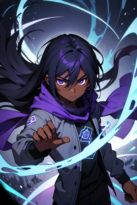 a teenage man, with dark skin, with purple eyes a little dark blue, with white hair, long hair, hair over the shoulders, wearing a black long sleeved shirt, wearing a dark purple scarf, wearing black lightweight sweatpants, while using powers of blue and d...