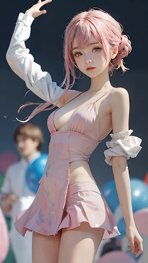 (((Blurred background、Watercolor style background)))、A girl、１６talent、anatomy、Light pink eyes、#11: Loose Low Ponytail、Light pink hair、Small Breasts、Black open collar dress、Transparent lace dress、translucent、Random pose、best quality、high resolution、high reso...