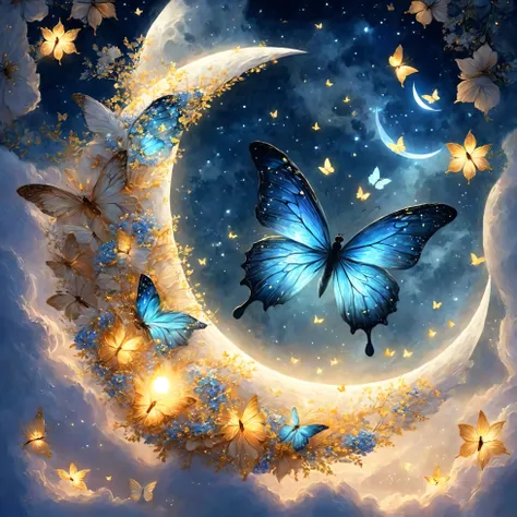 A butterfly resting on a crescent moon against a blue sky, Glowing golden butterfly, Beautiful as the moon, Butterfly Harmony, Beautiful moonlight, Glowing Butterfly, Beautiful moonlight night, soft blue Moonlight, very Beautiful digital art, ✨🕌🌙, blue Moo...